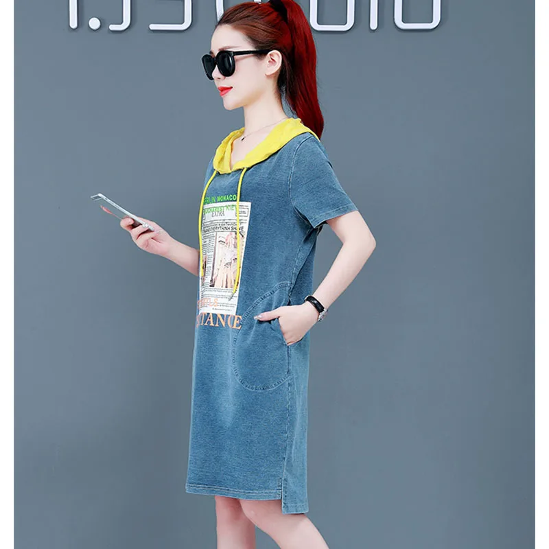 

Summer women clothing New elegant hooded denim dresses Plus size loose office dress Stylish quality cowboy Female Vestido tide