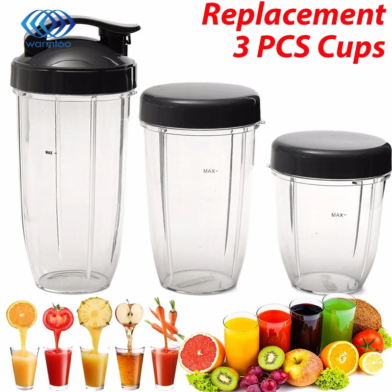 3Pcs Juicer Parts Kit Plastic+Rubber Grey+Transparent Replacement Cups 32Oz Colossal+24Oz Tall +Small Cup+3 Lids For Nutribullet