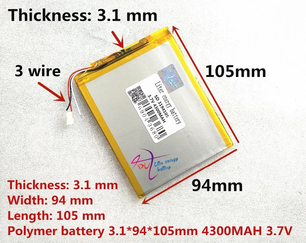 3 wire 3194105 3.7V 4300MAH Polymer rechargeable batteries Tablet