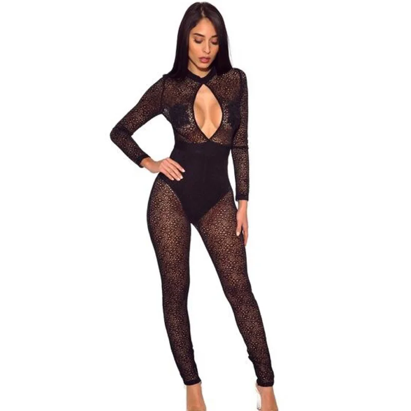 Sexy See Through Black Lace Jumpsuit New Style Fashion Long Sleeve