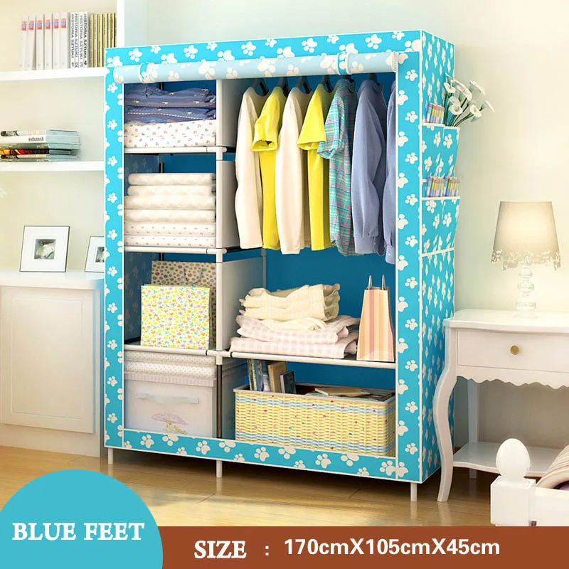 Простой шкаф, нетканый стальной каркас трубы, подкрепление, стоячий органайзер для хранения, съемный шкаф для одежды, мебель для спальни - Цвет: Shutter - blue foot