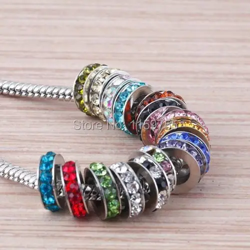 

100pcs Mixed Color Rhinestone European Big Hole Spacer Beads Fit Bracelet