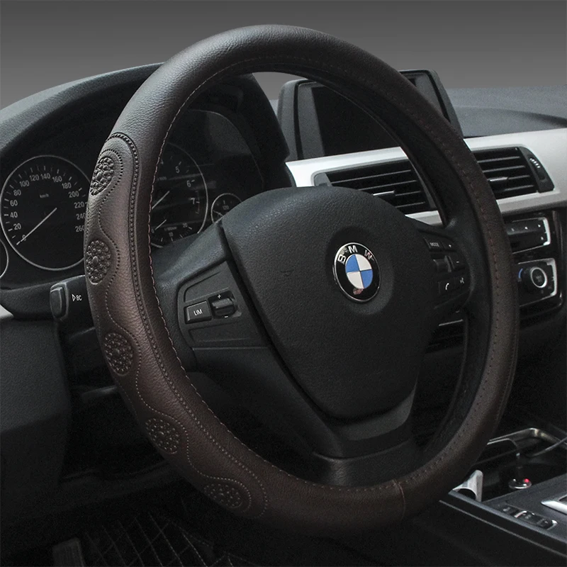 

KKYSYELVA Leather Car steering wheel cover 38cm Black Wheel Cover Steering-wheel covers Interior Accessories