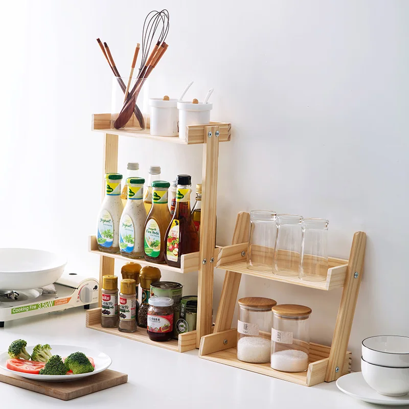 Pine Wood Multi Layer Spice Storage Rack Kitchen Home Stand Multi