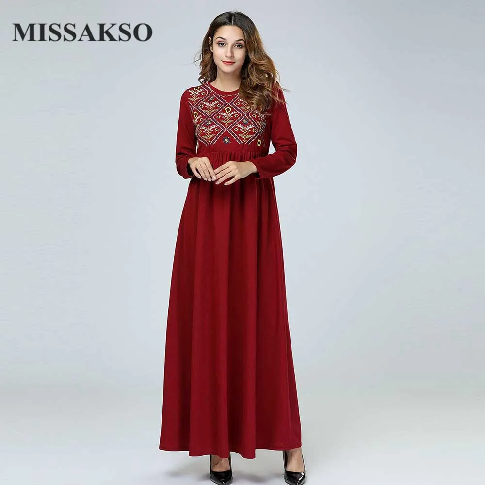 

Missakso Ramadan O Neck Spring Summer Dress Maxi Red Female Casual Long Sleeve A Line Solid High Waist Abaya Muslim Women Dress