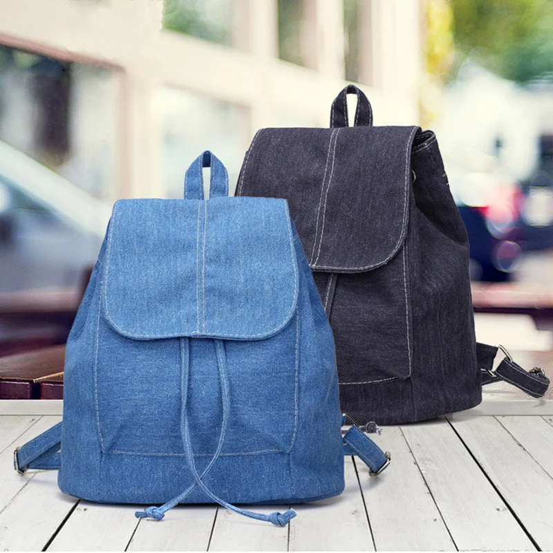 

2019 New Denim Canvas Women Girls Casual Backpack Large Capacity Pure Color Drawstring School Bags Rucksack