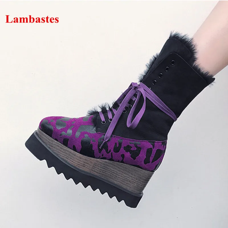 

Purple Hairy Lace Up Square Toe Women Ankle High Boots Leopard Print Platform Stivali Femminili Star Casual Wedges Boots Femmes