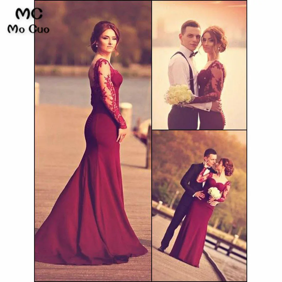 Бургундские вечерние платья с длинными рукавами, длинные платья vestido de festa longo, эластичные атласные женские вечерние платья русалки