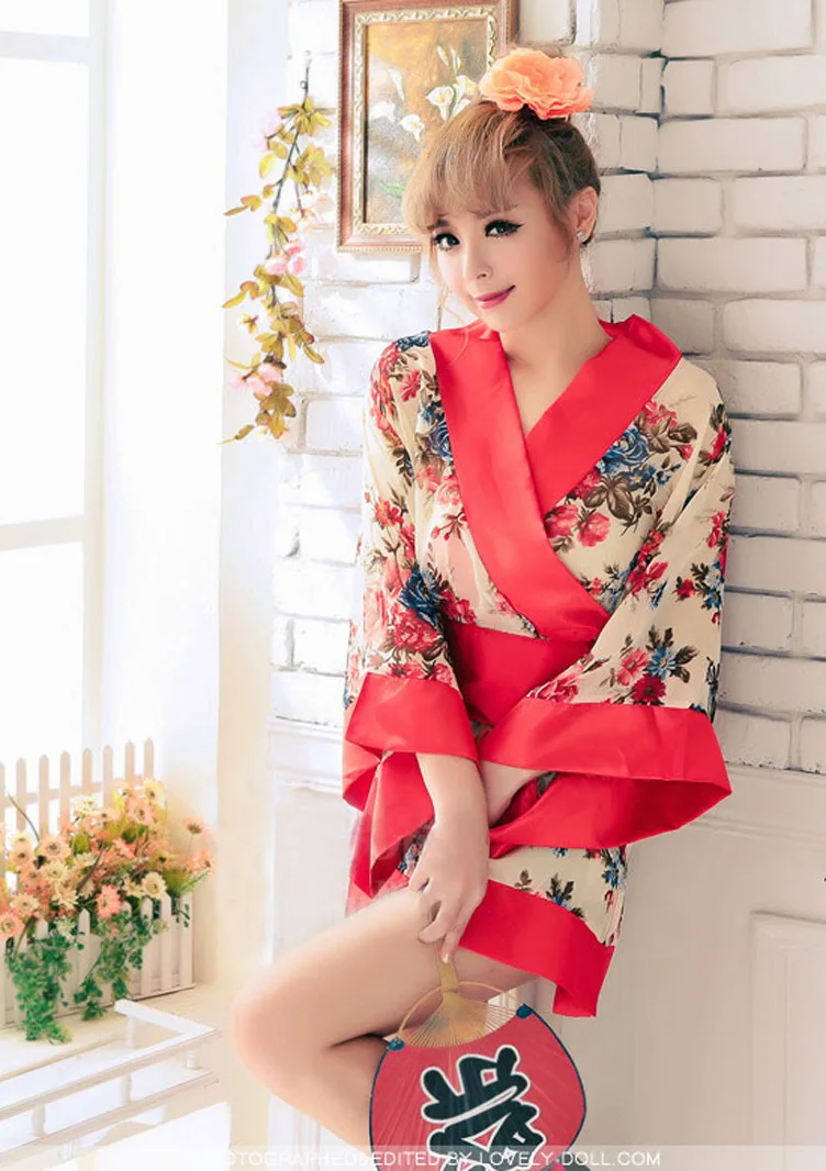 Для женщин белье сексуальное 2018 пикантные вишня японские кимоно Косплэй Хеллоуин костюм Шелковый Цветочный Глубокий V белье халат пижамы