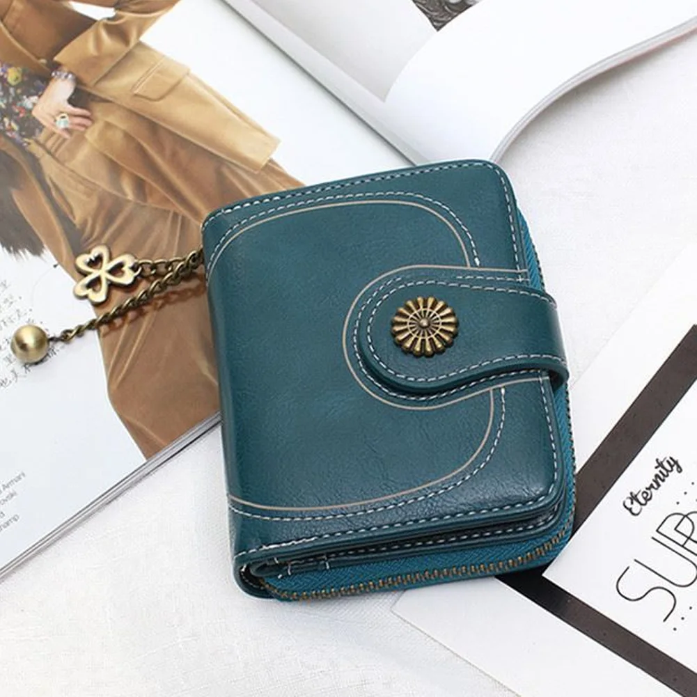 

PU Leather Zipper Short Flower Gift Vintage Triple Folding Coin Purse Clutch Women Wallet Small Button Money Bag Card Holder