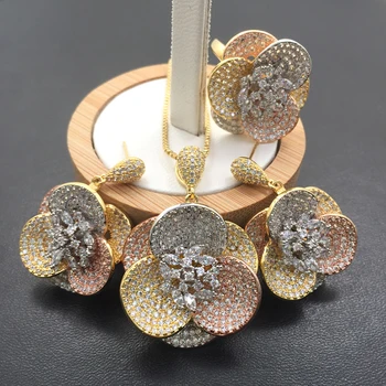 

Lanyika Jewelry Set Super Luxury Stereo Flowers Necklace with Earrings and Ring Cubic Zircon Micro Paved for Party Bridal Gift