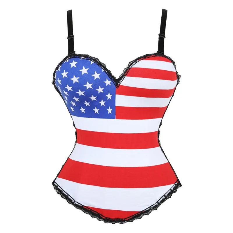 

Sexy Overbust Corset with Straps American Flag Print Corsets and Busties Top Vintage Corset Lingerie for Women Shaper Outwear