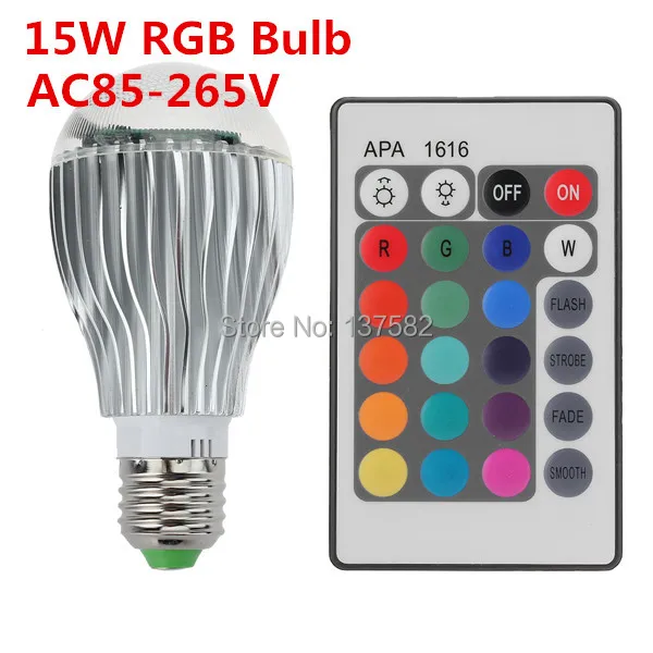 

New arrival LED RGB lamp 10pcs/lot 15W E27 RGB LED Bulb 85-265V with Remote Control multiple colour led lighting