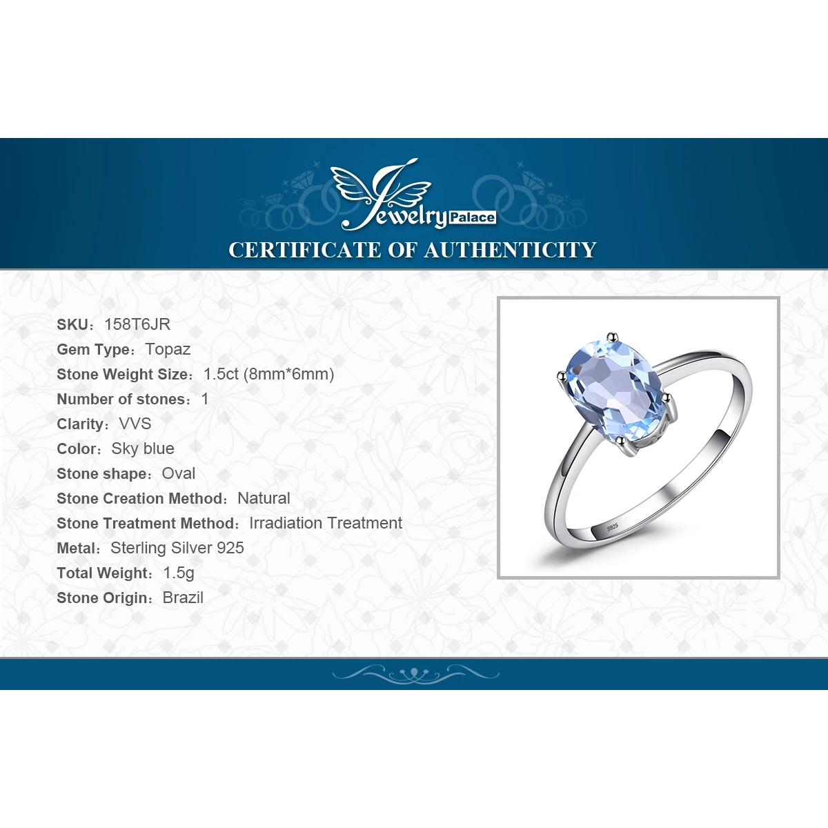 Женское кольцо с голубым топазом JewelryPalace серебряное 925 пробы серебро пробы|fine