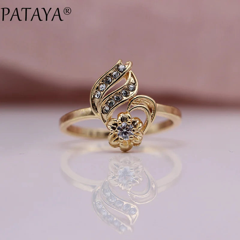 PATAYA New 585 Rose Gold White Rhinestones Round Natural Zirconia Rings Women Wedding Party Cute Girls Simple Fine Gift Jewelry