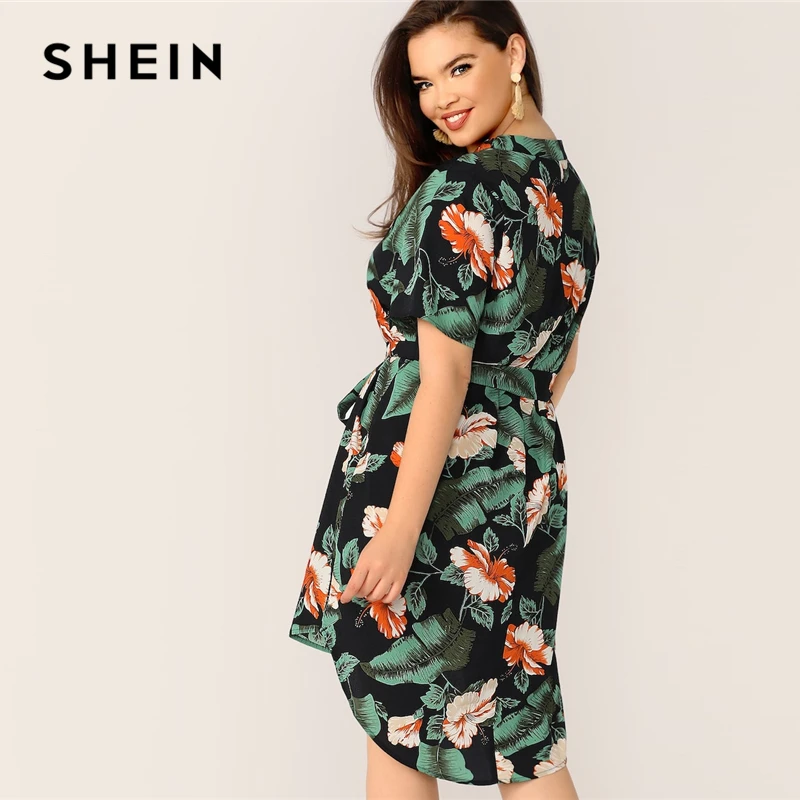 SHEIN بوهو متعدد الألوان زائد حجم الاستوائية طباعة مربوط ميدي اللباس 2019 كم منتظم V الرقبة عارضة شاطئ عطلة فساتين