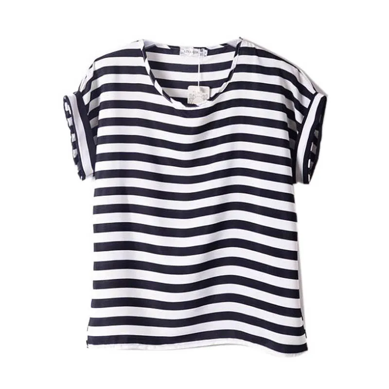 Camisetas de chifón de verano para mujer Camisetas sueltas de manga corta para mujer Camisetas rayadas corazón labio Tops Camiseta