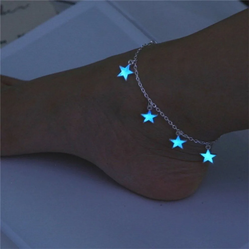 Новогодняя светящаяся женская пляжная ветровая синяя пятиугольная звезда с кисточками ножной браслет Серебряные ножные браслеты с цепочкой для женщин босоножек