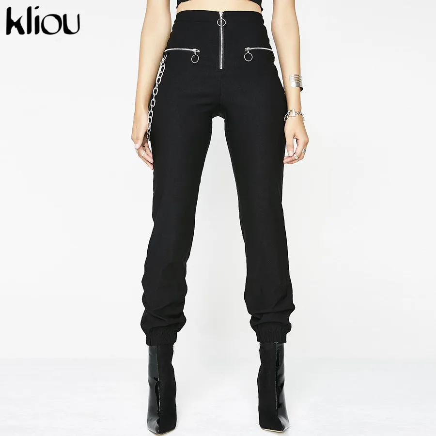 

Kliou women fashion cargo pants with Chain zipper fly high waist black flat pants 2019 winter spring female casual trousers