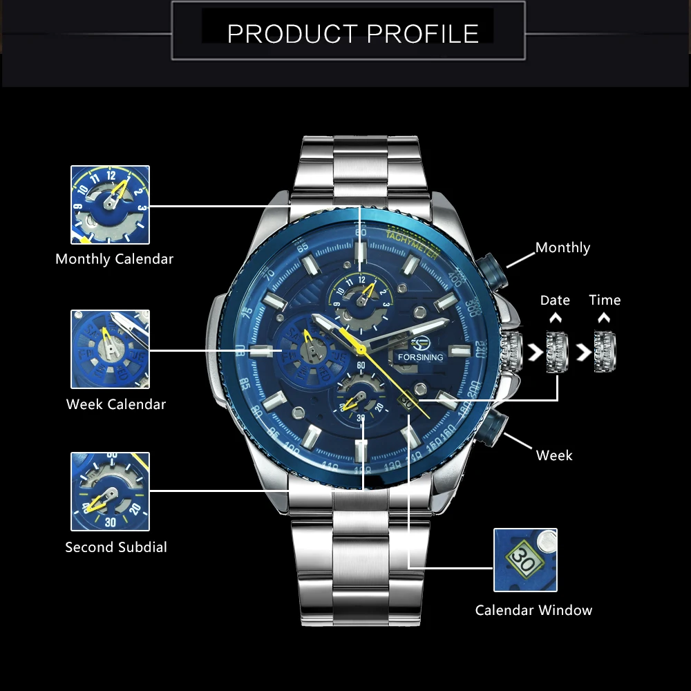 FORSINING Топ бренд Роскошные автоматические механические часы для мужчин хронограф 3 суб-циферблат Дата Мода Стальной ремешок relogio masculino