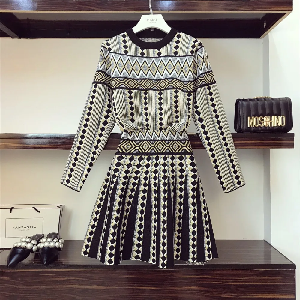 

Oshangchaopin Women Knitted 2-piece Sets Casual Jacquard Plaid Sweater Jumpers Pull Mini Skirt Suits New 2018 Knitted Runway Set