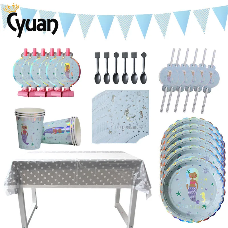 

Little Mermaid Birthday Party Supplies Tableware Plate Cup Banner Napkin Princess Mermaid Headband Beach Theme Party Supplies