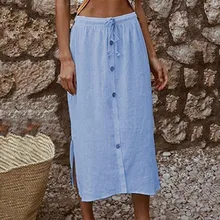 Женская эластичная винтажная длинная Плиссированная летняя юбка на пуговицах с высокой талией, стильная Уличная Повседневная юбка-пачка