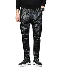 Модные Для мужчин Уличная двигателя Искусственная кожа эластичные брюки, кальсоны, мужские черные шаровары, штаны для бега, штаны, брюки