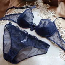 [A B C D чашка 32 34 36 38] Женский французский летний сексуальный ультра-тонкий кружевной комплект нижнего белья пуш-ап нижнее белье полупрозрачное темно-синее белое