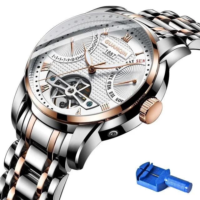 GUANQIN GH17002 автоматические мужские часы с автоматическим заводом механические часы Tourbillon Дата Неделя люксовый бренд Мужские часы ремешок для часов инструмент для фиксации - Цвет: Rose Gold White Tool