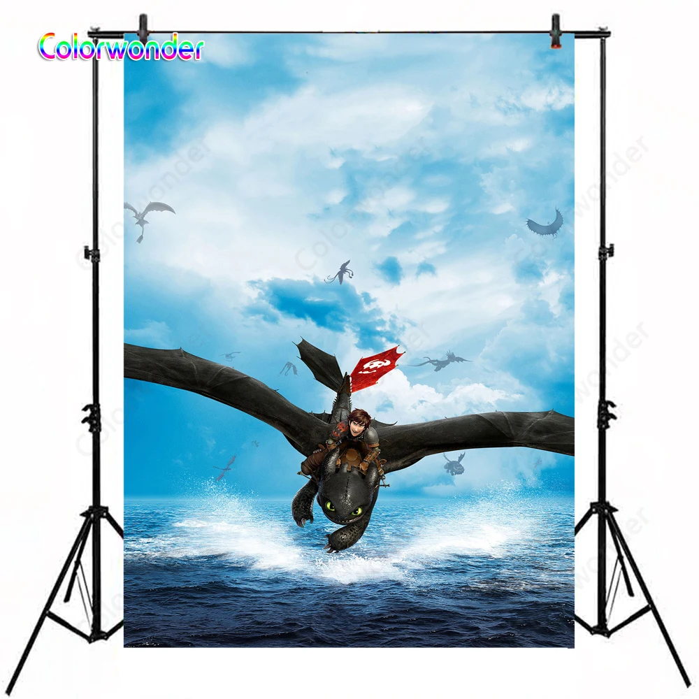 

How to Train Your Dragon Photo Background Hiccup With Black Dragon Flying Sea Backdrop For Kid Birthday Banner Baby Shower Decor