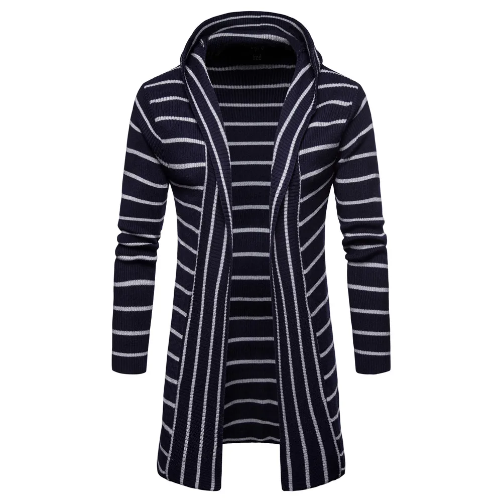

High Quality Men Cardigan Long Sweater 2019 Fashion Stripe Knitted Hooded Sweater Cotton Jersey Casual Hip Hop Knitwear Black
