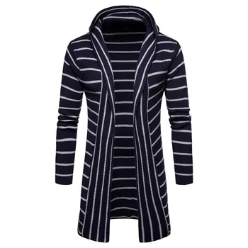 

High Quality Men Cardigan Long Sweater 2019 Fashion Stripe Knitted Hooded Sweater Cotton Jersey Casual Hip Hop Knitwear Black
