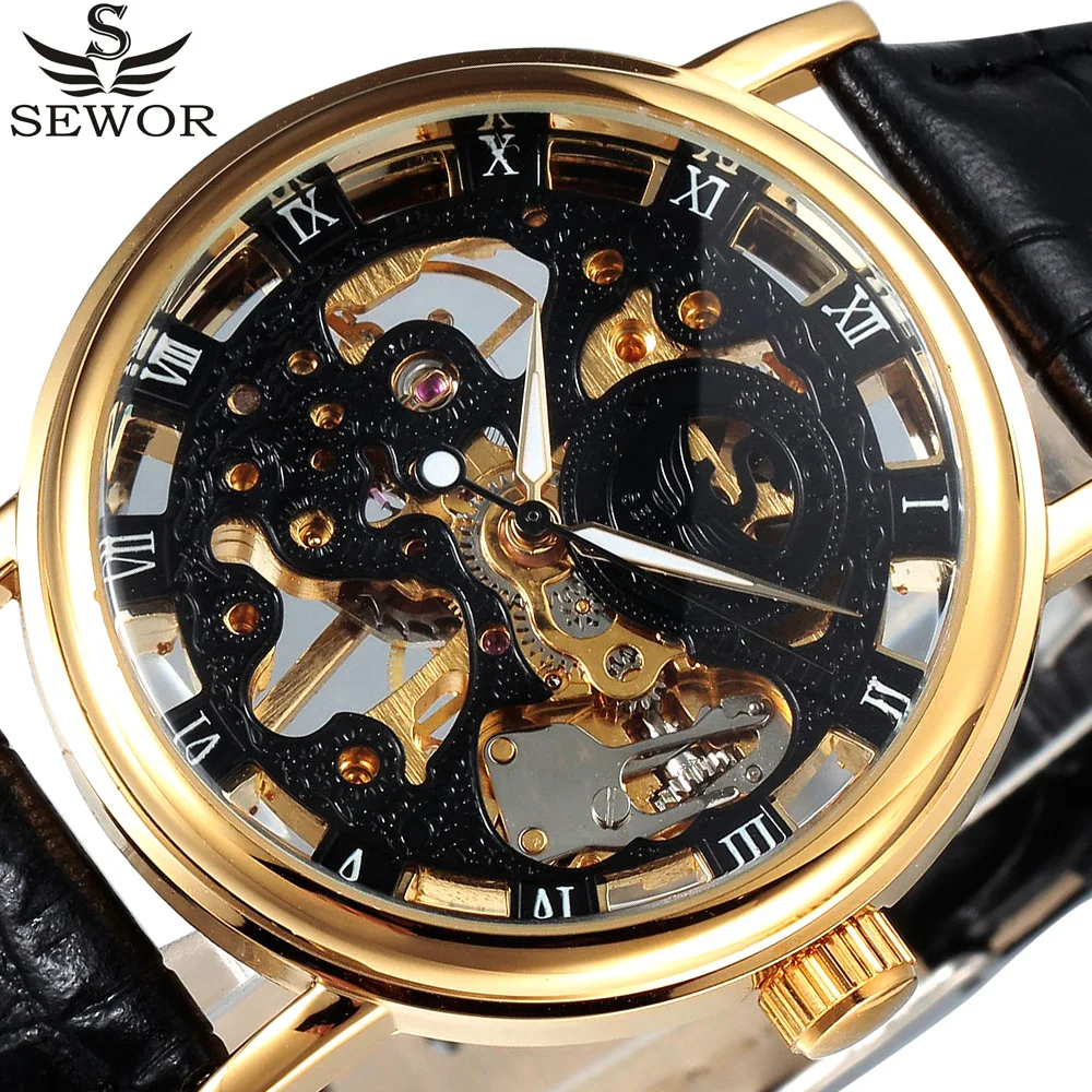 

SEWOR Royal Carving Black Gold Skeleton Mechanical Watches Leather Strap Thin Dial Men Luxury Brand Clock Relogio Masculino