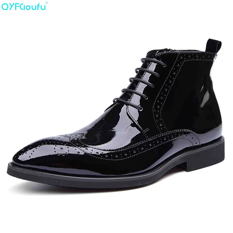 

Fashion Mens Ankle Boots Genuine Leather Brogue Chelsea Boots Black Pointed Toe Patent Leather Men Dress Boots Shoes