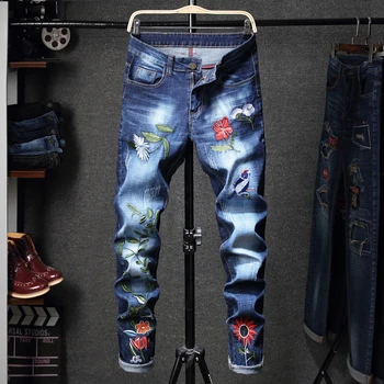 

Good Quality Men's Embroidery Jeans Men Cotton Pencil Pants Slim Jeans Fashion Cowboy Denim Trousers Denim Pants Size 38