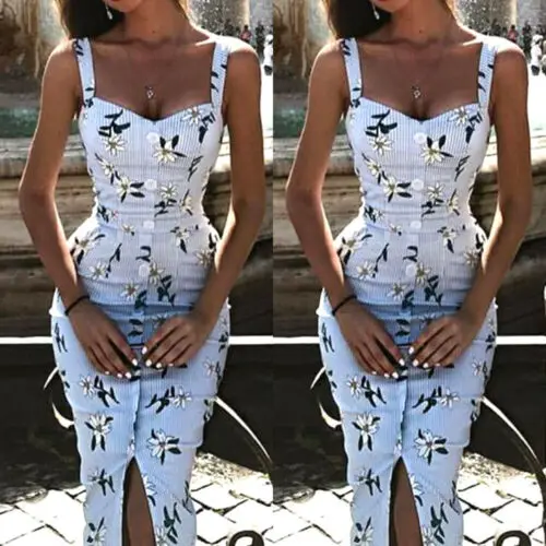 2019 أزياء المرأة أكمام زر Bodycon الأزهار فستان الشمس حزب اللباس ميدي اللباس