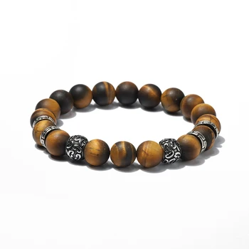 

Fashion 10mm natural stone beaded mens bracelets Tiger eye stone stainless steel metal bracelet men