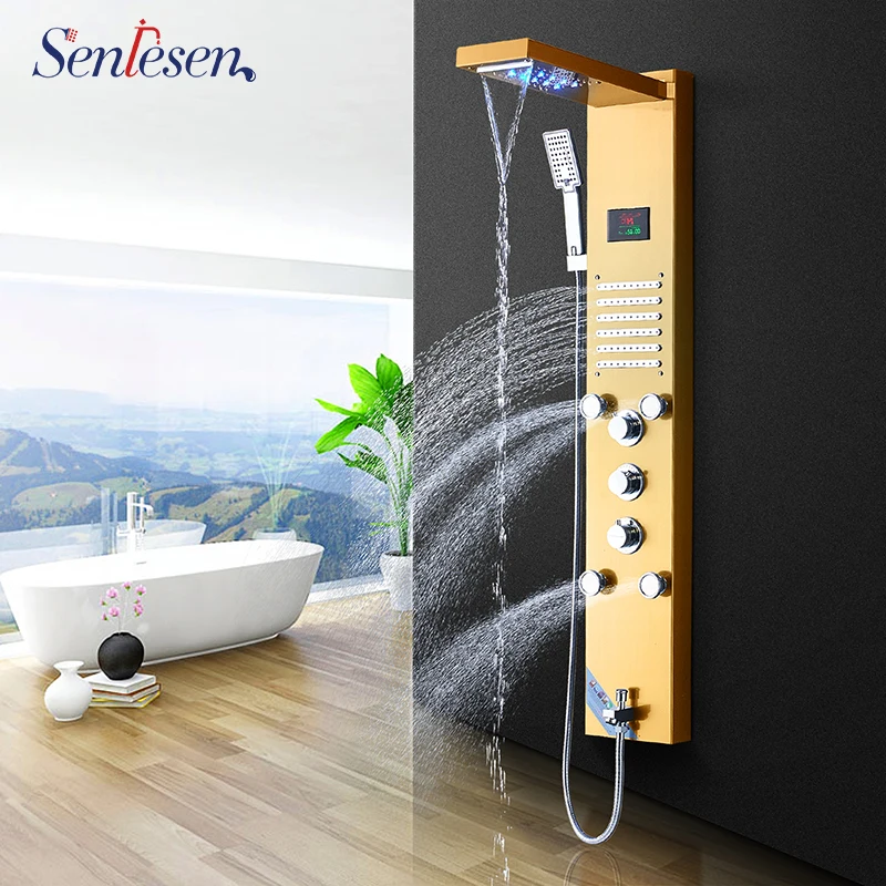 

Senlesen Shower Panel Waterfall & Rainfall Shower Head Steel Triple Handles Hot and Cold Water Mixer Taps Para Bathroom Douche