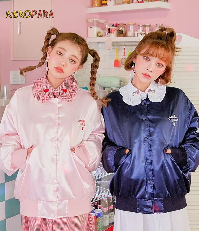 

Strawberry Milk Letters Embroidery Cute Women's Casual Long Sleeve Hoodies Zipper Jacket Loose Outwear Pink & Navy Blue