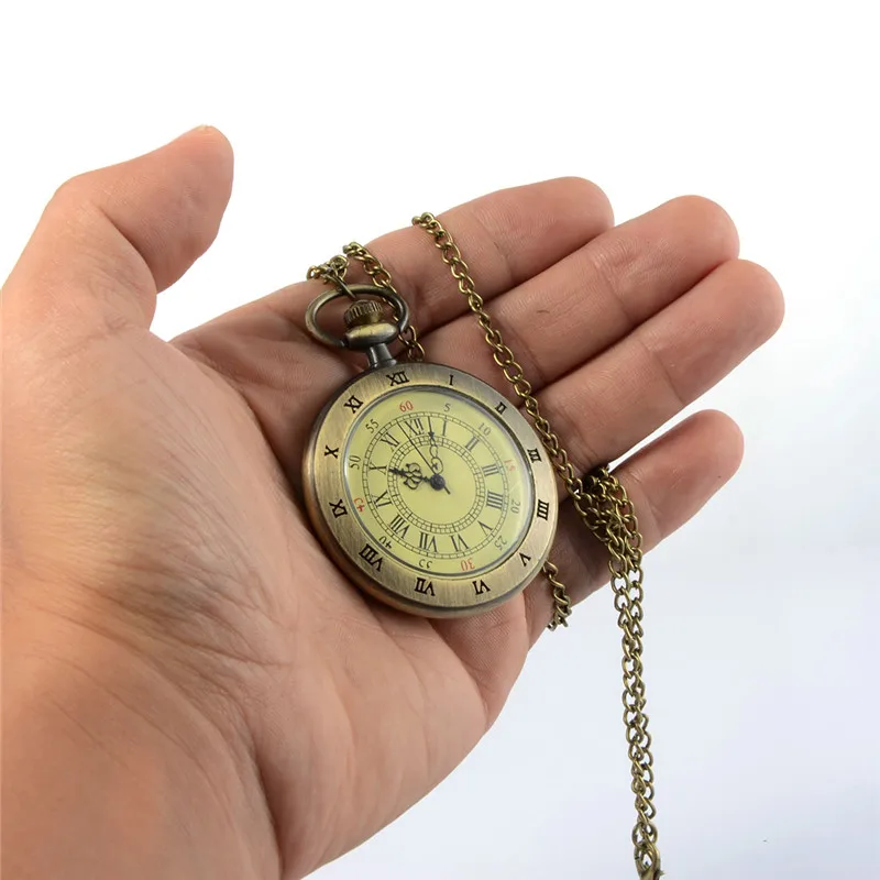 Unique Men Women Vintage Pocket Watch Roman Numerals Fob Watch 3 Dials Character Necklace Pendant Clock 5