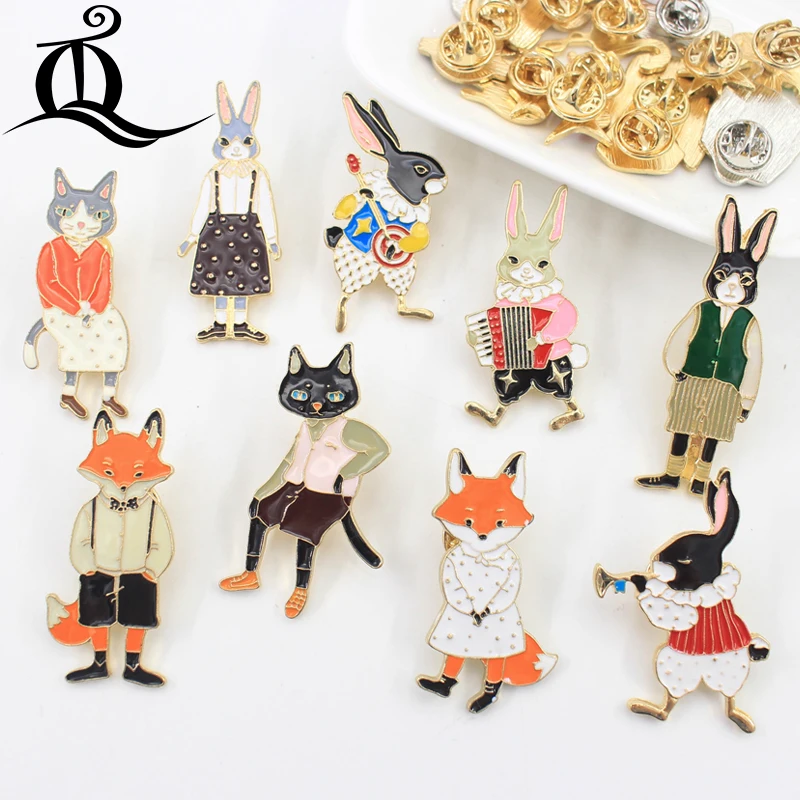 

TQ 1PCS Mix cartoon cat rabbit fox pattern Penguin Cartoon metal badge pins Cute Lapel pins Kawaii Brooches Animal jewelry O72