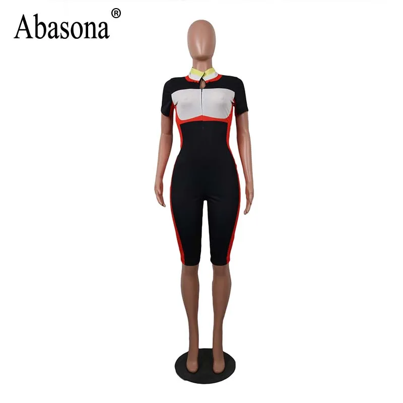 Abasona Women Playsuits Summer Casual Overalls Color Block Skinny Shorts Rompers Womens Jumpsuit Front Zipper Patchwork Bodysuts