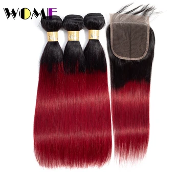 

Wome Pre-colored 1b/bug 3 Burgundy Bundles With Closure Indian Straight Ombre Human Red Hair Bundles With Straight Closure