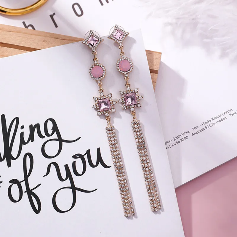 New Fashion Luxury Pink Shiny Rhinestone Long Bowknot Tassel Drop Earrings Korean Baroque Style Women Pendientes Jewelry - Image 4