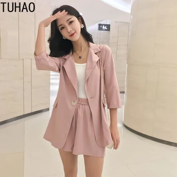 

TUHAO 2019 Elegant Office Lady Women Sets Professional Suit Female Summer Suits Korean Casual Suit + Shorts Two Piece Set WL50