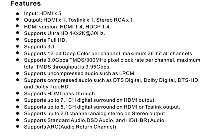 HDMI переключатель 5x1 HDMI аудио экстрактор 4K x 2K 3D ARC аудио EDID Настройка 7.1CH/ADV/2CH