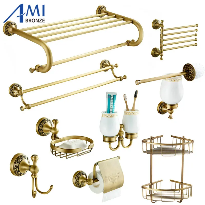 Antique Brushed Copper Carved Base Bathroom Hardware Towel Shelf Towel