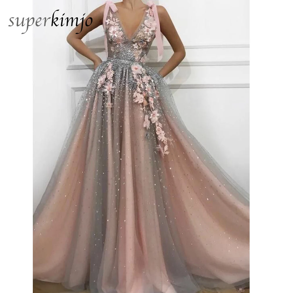 

Vestidos de Fiesta 2019 Prom Dresses Lace Sequins Bling Bling Hand Made Flowers A Line Tulle Evening Dresses Gowns