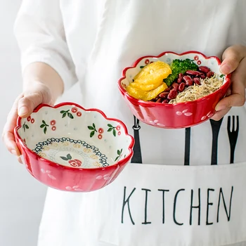 

1pc Red Cherry Design Bowl Undergalzed Ceramic Salad Bowl Pasta Bowl Pudding Backing Bowl Microwave Safe Dinnerware